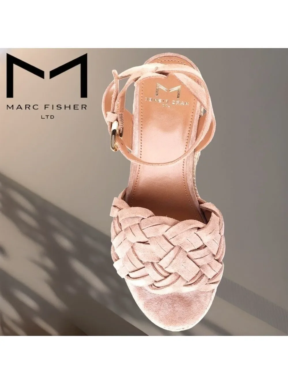 MARC FISHER Odilia Leather Upper Jute-Wrapped Platform Espadrille Wedge Sandals